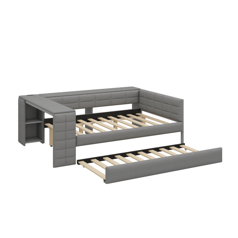 Full-Size Fabric-Upholstered Platform Bed With Shelves, Workstation, Charging Hub, And Trundle, Gray