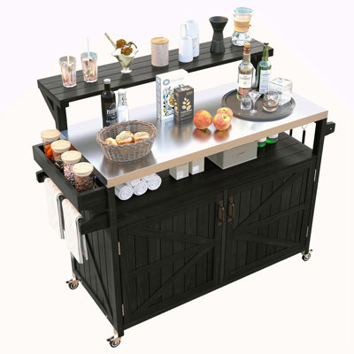 53.3" Outdoor Kitchen Island With Raised Shelf, Solid Wood Storage Cabinet With Stainless Steel Top, Outdoor Rolling Grill Cart With Internal Storage Rack, Adjustable Shelf, Spice Rack