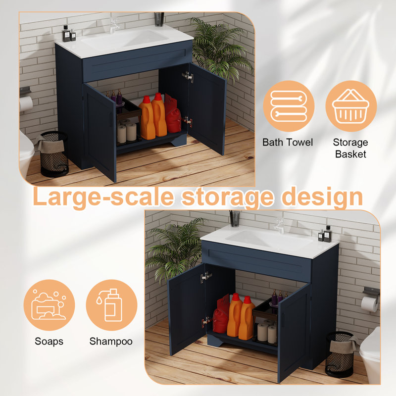 36" Bathroom Vanity with Sink, Farmhouse Wooden Double Door Bathroom Storage Cabinet,Freestanding Farmhouse Cabinet Vanity with Ceramic Sink (Paint, Blue,36")