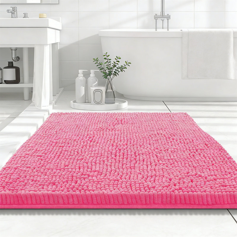 Luxury Chenille Bath Mat, Extra Soft Absorbent Shaggy Non-Slip Bathroom Rug, Hot Pink, 30"X20", Pink