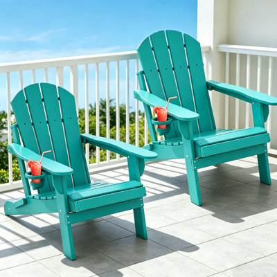 HDPE Folding Outdoor Adirondack Chair With Cup Holder (Set Of 2)