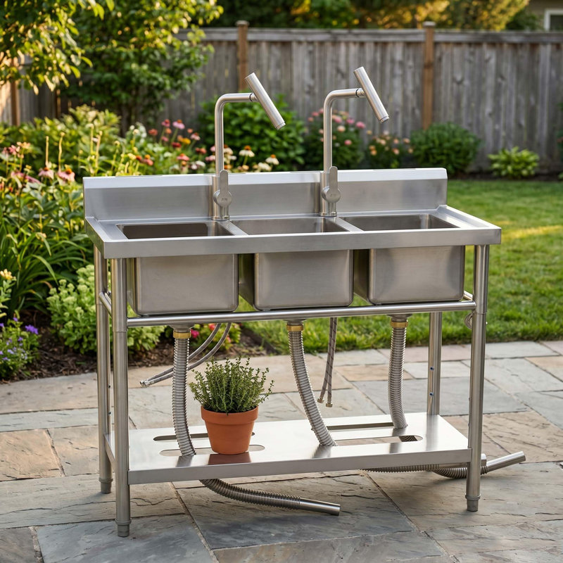 Évier utilitaire autoportant en acier inoxydable 39 po x 18 po 36 po - Triple cuve avec deux robinets en forme de T, cuve profonde pour garage, salle de lavage, salle de lavage et atelier pour animaux