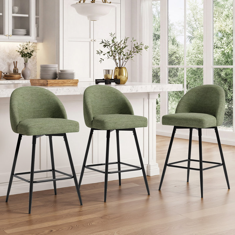 Levick Swivel Bar Stools Set Of 3, Counter Height Bar Stools With Back & Metal Legs-Green, Green/Chenille
