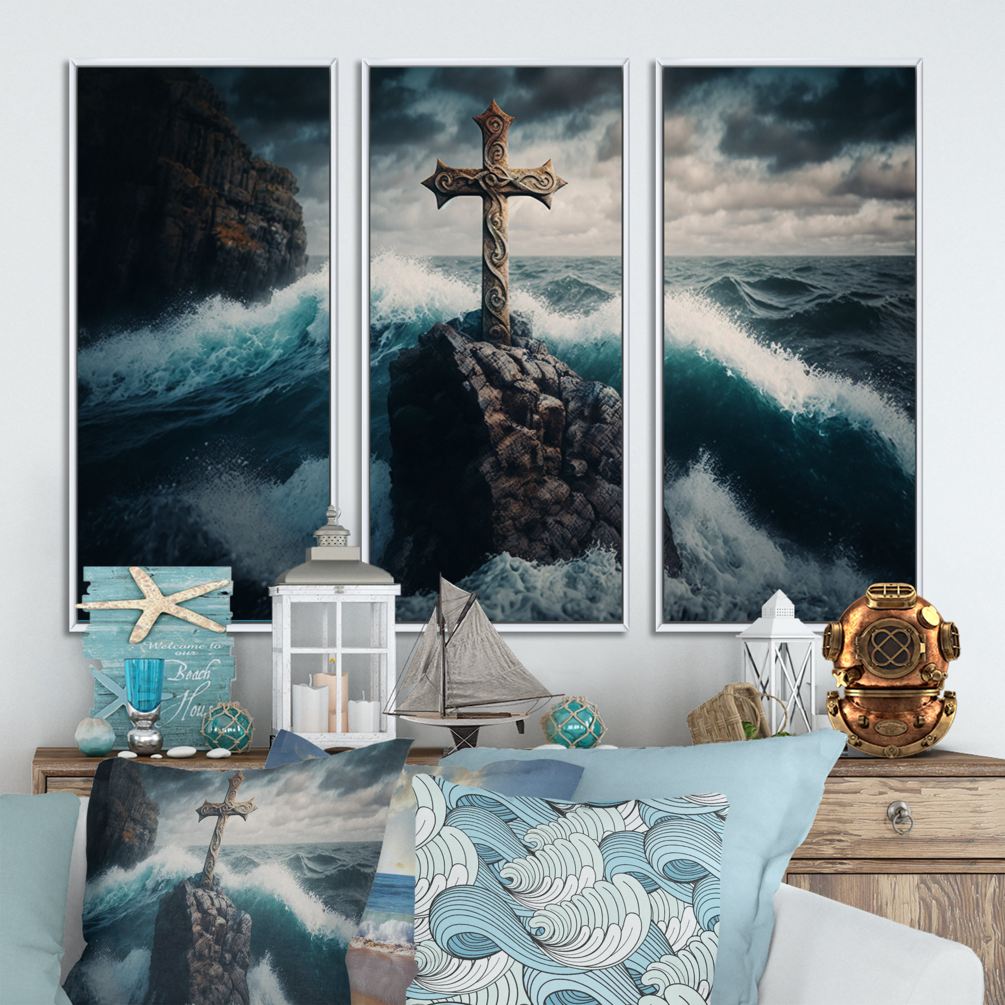 Bluffton Religious Cross in The Ocean Breaking Waves II - 3 Piece Print on Canvas Dovecove Format: White Framed, Size: 28 H x 36 W x 1 D