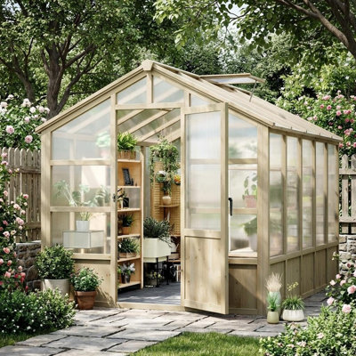 Serre en bois robuste pour le jardin, cadre en cèdre avec évent réglable et porte verrouillable, polycarbonate de 6 mm pour l'extérieur