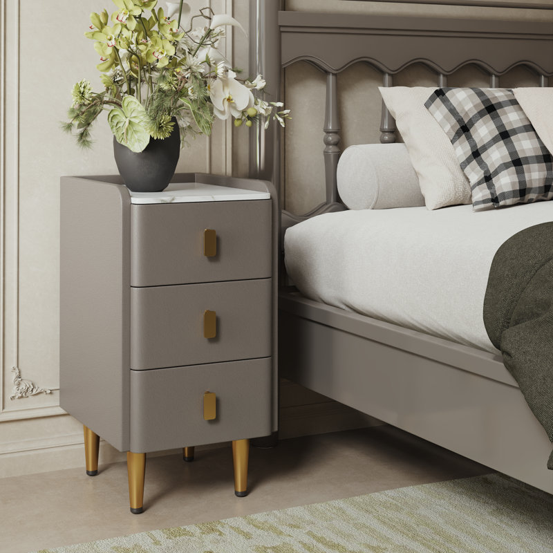 Agripina Narrow Nightstand with Drawers, Small Side Table with Leather Surface for Bedroom and Living Room, Gray, 11.8" W