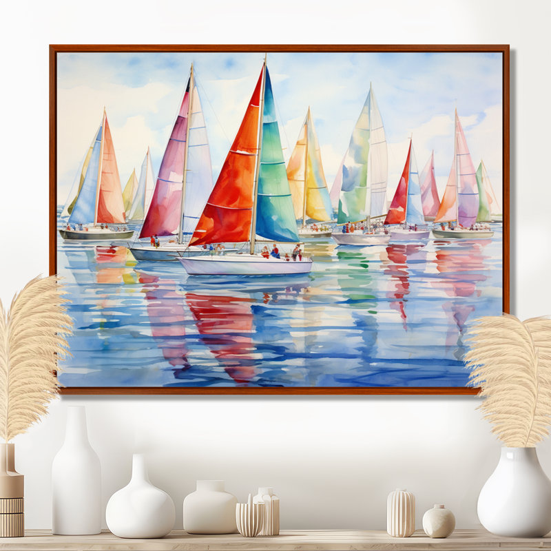 «Miminimlaism Watercolor Regatta III - Bateau à voile, art mural», H 12 po x l 20 po x P 1 po, Cadre flottant brun