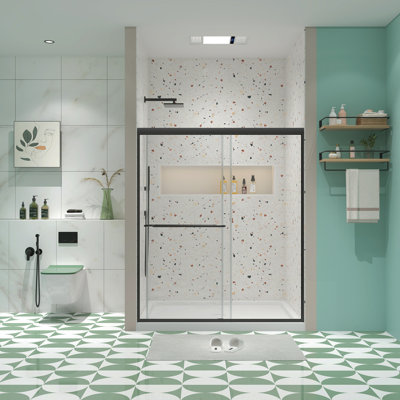 Bypass Shower Door, Sliding Door, With 1/4" Tempered Glass And Matted Black Finish 56-60"X70"