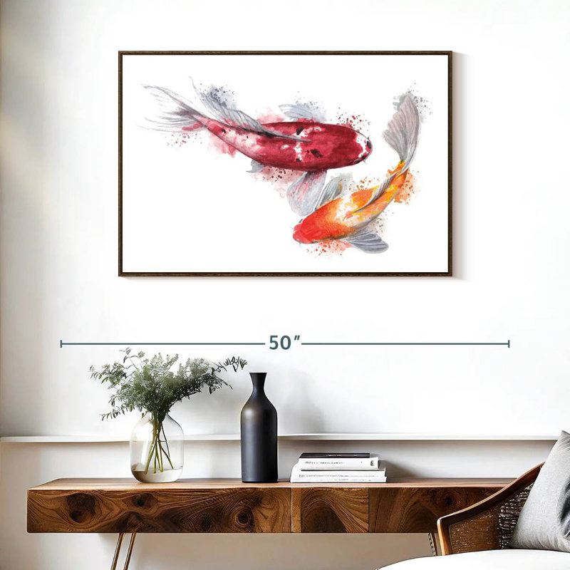 Koi Fish Pair Splatter, 37" X 25", Floating Frame Walnut