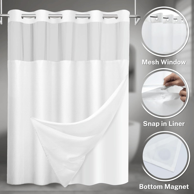 No Hook Shower Curtain With Snap In Liner Set Waffle Shower Curtain Fabric Waterproof Inner Liner 71" W X 74" H White