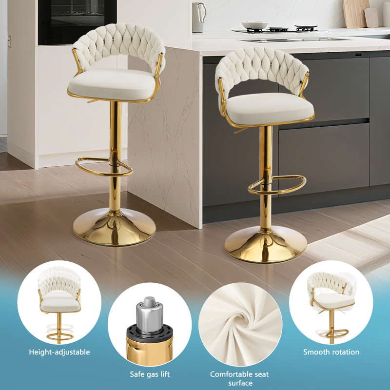 Velvet Swivel Bar Stools Set of 2, Modern Gold Barstools with Woven Back & Adjustable Height Metal Base And Footrest Stylish Stools, Beige