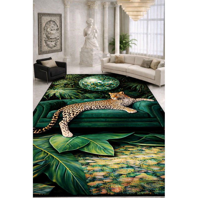 Tapis vert tissé à motif guépard Mosso, 4'11" x 7'7"