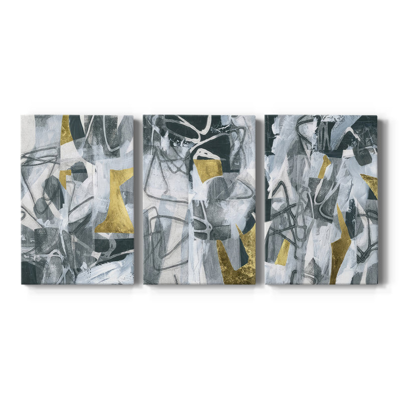 Linear Tones I - Toile tendue avec châssis sur mesure - 3 pièces, H 27 po x l 54 po