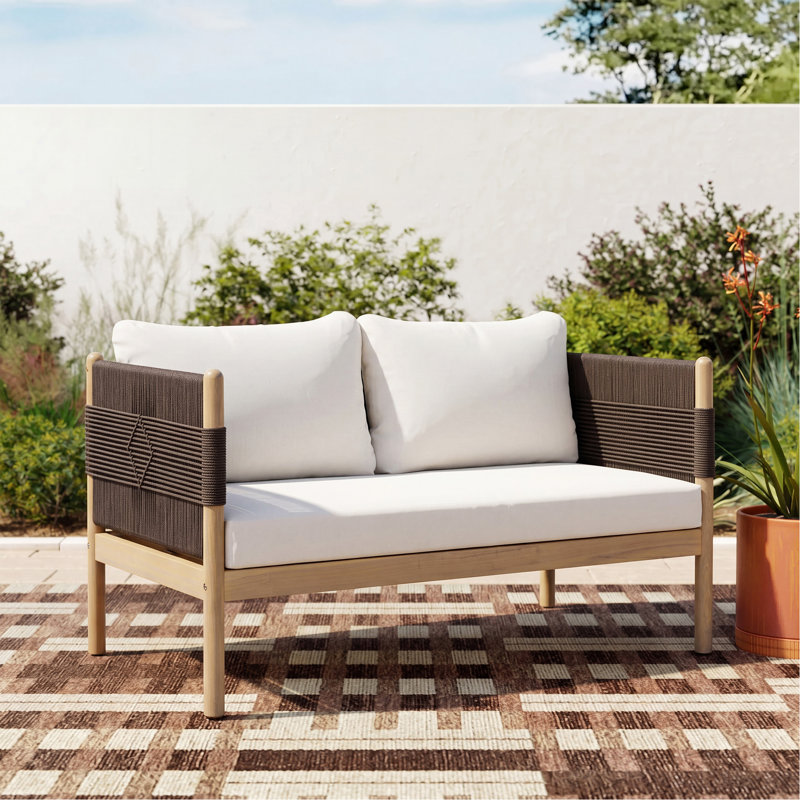 Causeuse d'extérieur en bois d'acacia avec tissage et coussins en corde de diamant, teck clair
