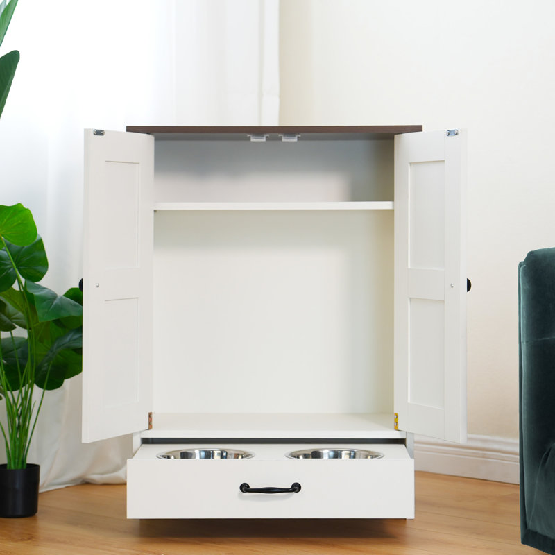 Station d'alimentation pour chien de taille moyenne, couleur blanche, tiroirs coulissants cachés, trois crochets, bols en acier inoxydable, armoire de rangement facile à nettoyer avec panneau réglable, blanc, convient à la chambre à coucher,