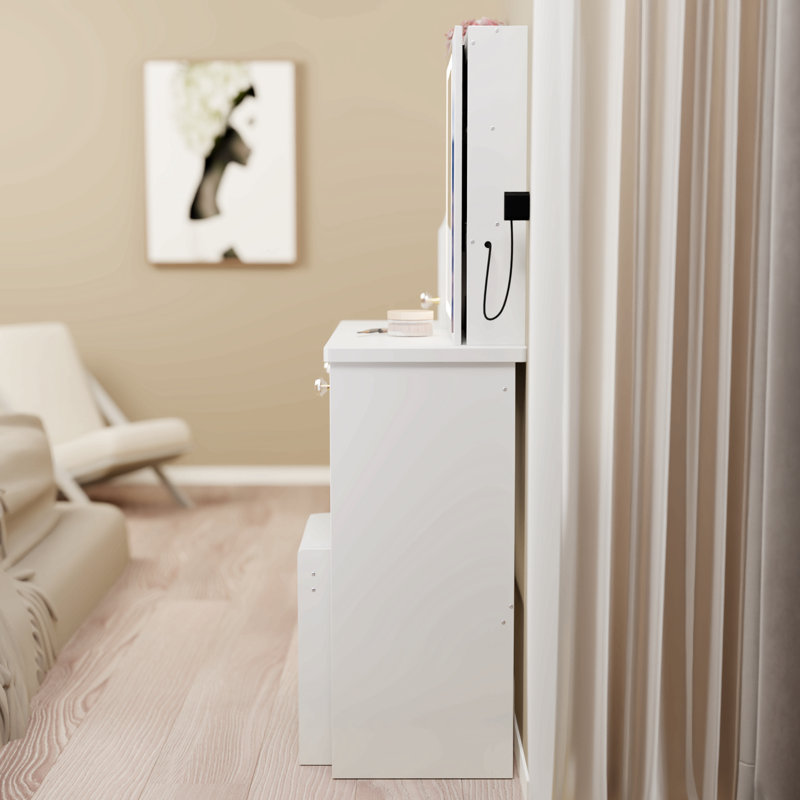 Petit meuble-lavabo de 29,2 po avec tabouret de bureau et tabouret rembourré à gauche 29,5 po, grande commande tactile, interrupteur tricolore, miroir à luminosité réglable, rangement à grande capacité, convient aux petits espaces