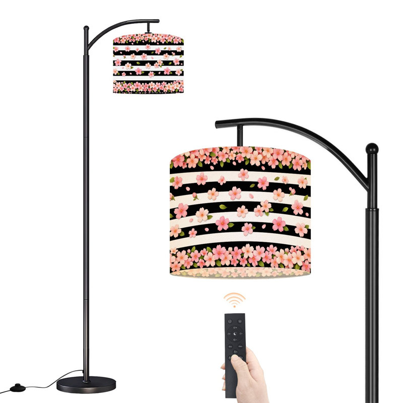 Lampe sur pied à arc en forme de fleur de cerisier rose à motif floral à rayures blanches et blanches avec télécommande et abat-jour à DEL