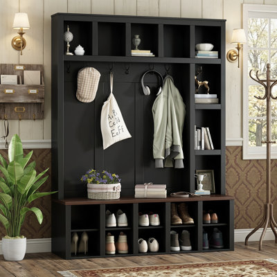 Black/Walnut Farmhouse 4-in-1 Wooden Hall Tree Entryway Organizer with 6 Hooks, Adjustable Shelves & Storage Bench