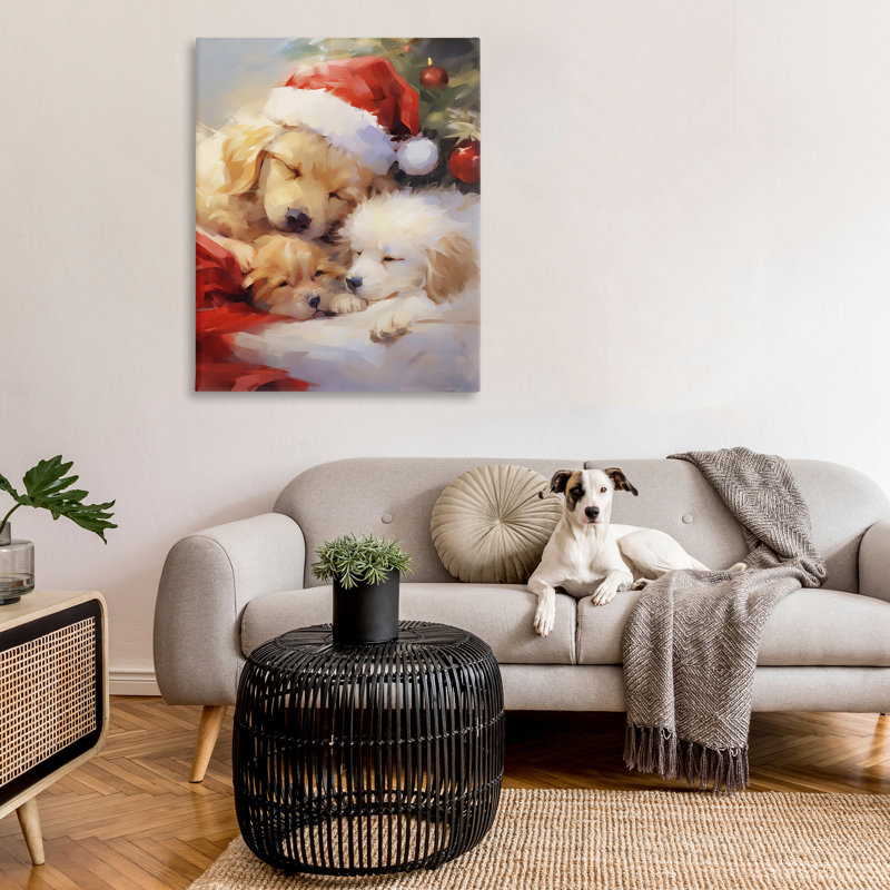 "Christmas Puppies By Tree" par Enrico McGarrigle sur toile, H 48 po x l 36 po