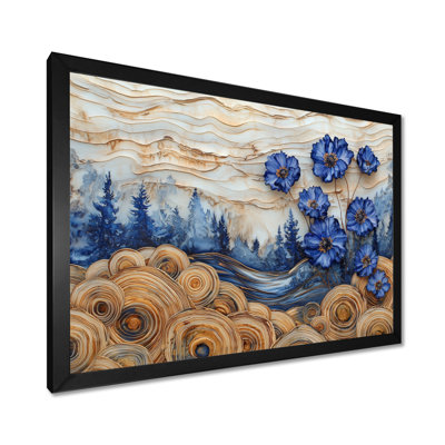Fleurs bleues aqua et paysage de forêt en bois III - Art mural de bleuet pour le salon