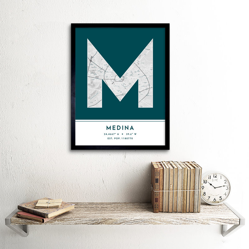 Medina City Map Medina Teal by Wee Blue Coo - Single Picture Frame Typography