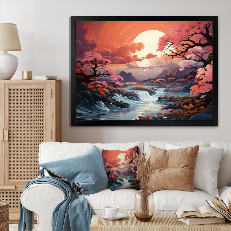 Paysage japonais de tempête océanique IV sur toile, Cadre simple noir, H 16 po x l 32 po x P 1 po