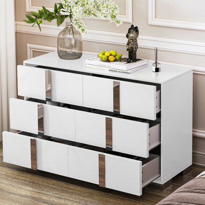 Commode élégante avec pieds en métal, armoire de rangement à miroir avec 6 tiroirs pour chambre à coucher, salon, blanc