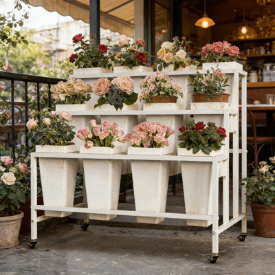 3-Tier Rolling Flower Display Stand With 12 Removable Buckets, Mobile Florist Cart With Locking Wheels For Indoor Outdoor Garden Wedding Shop And Home Decor