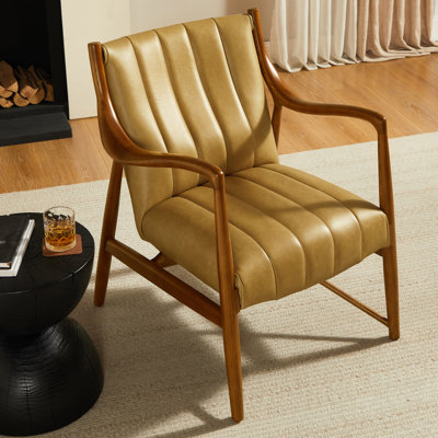 Genuine Leather Upholstered Tufted Accent Armchair With Solid Wood Frame