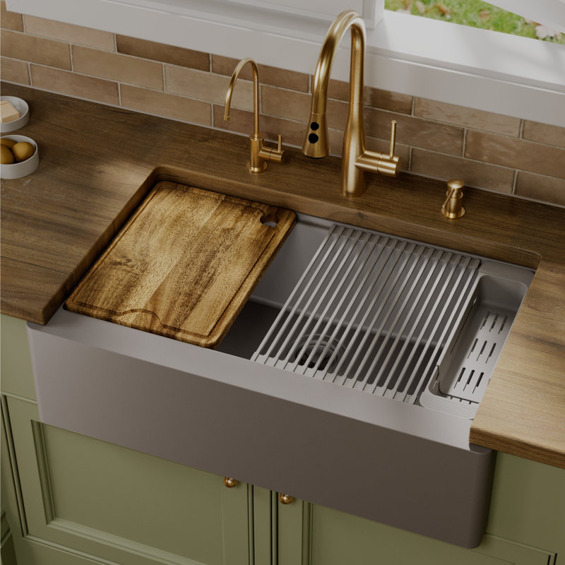 Ensemble d'évier de cuisine à cuve simple à tablier frontal gris de 34 po Karran, Gris mat