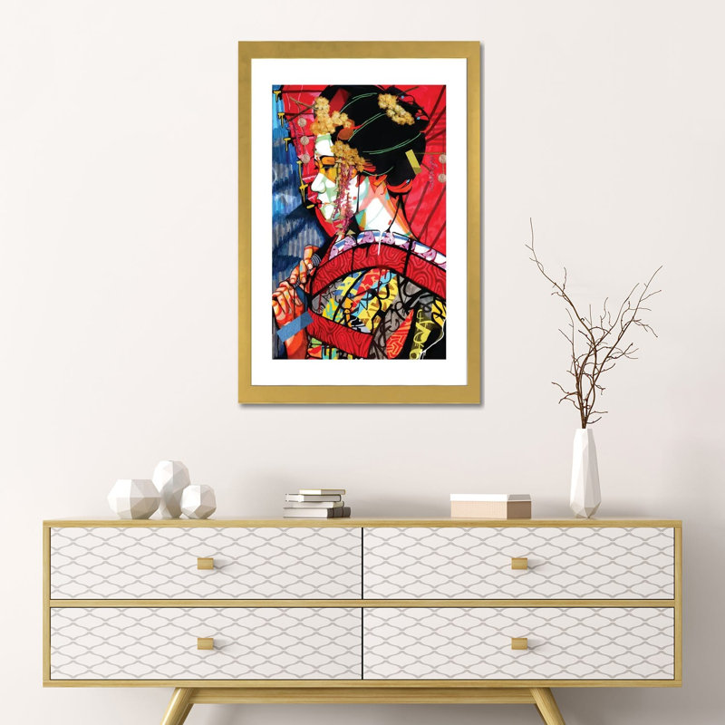American Geisha - impression d'art graphique, H 24 po x l 16 po x P 1 po, Papier encadré doré, Blanc