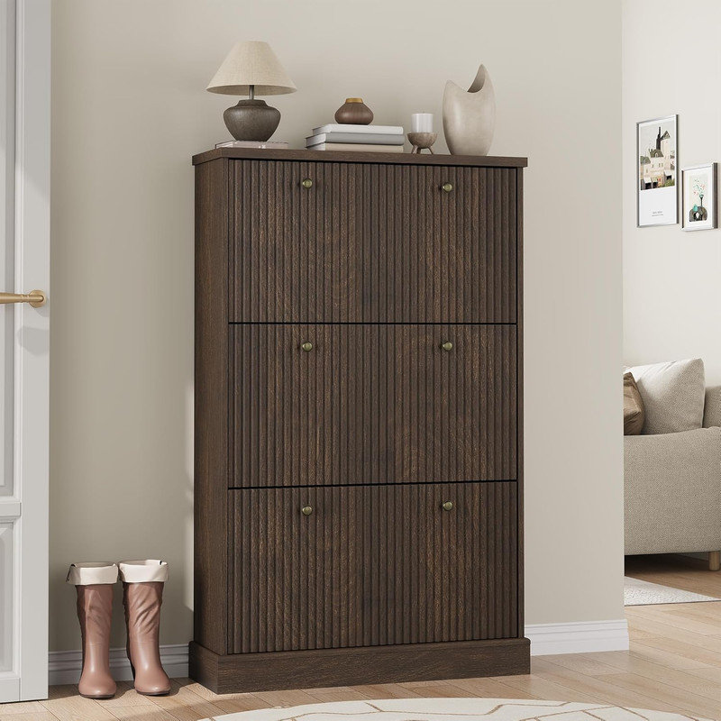 Fluted Shoe Cabinet with 3 Flip Drawers, Slim Entryway Shoe Storage Organizer with Adjustable Shelves, Walnut