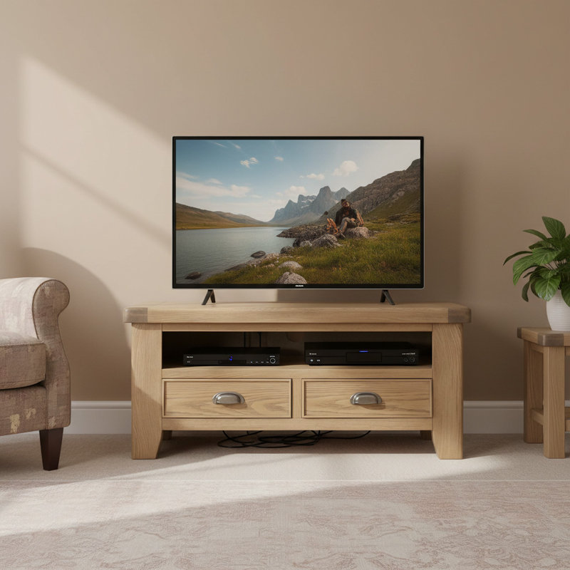 Gwenaelle Fully Assembled Solid Wood with Oak Veneer 2 Drawer TV Stand Storage Unit