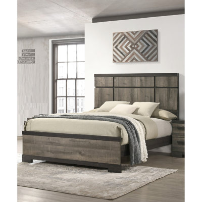 Grand lit transitionnel, tête de lit à panneau audacieux, abat-jour en ébène gris, aspect décoratif de chambre à coucher, cadre de lit de taille moderne nécessaire avec sommier, tête de lit en finition, attrait rustique pour la chambre à coucher, essentiel