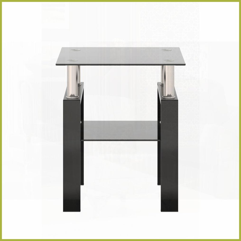 Table basse carrée en verre trempé noir avec pieds en métal, facile à nettoyer et amp; Assembler pour le salon, Noir, Noir