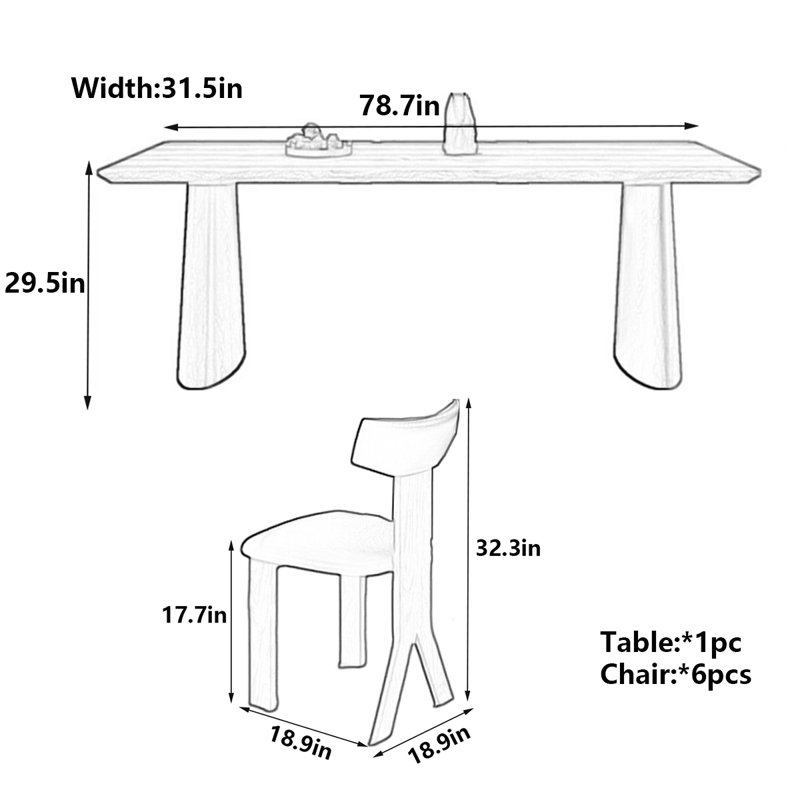 Table épaisse à bords arrondis et pieds en bois, H 29,5 po x L 78,7 po x l 31,5 po
