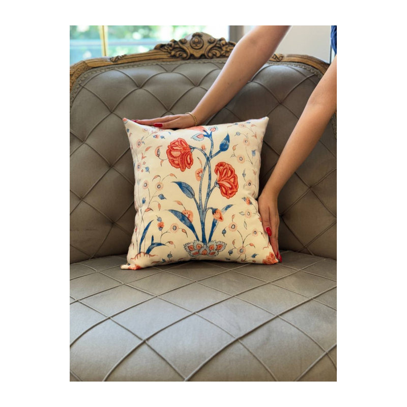 Pasargad Turkish Fine Silk tropical Pillow 16", White/Rust/Malibu Floral, 16"H x16"W