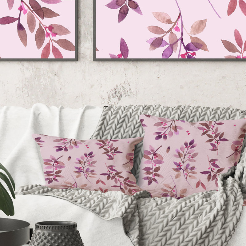 Floral Branches On Pink - Coussin décoratif à imprimé traditionnel, 16 po x 16 po