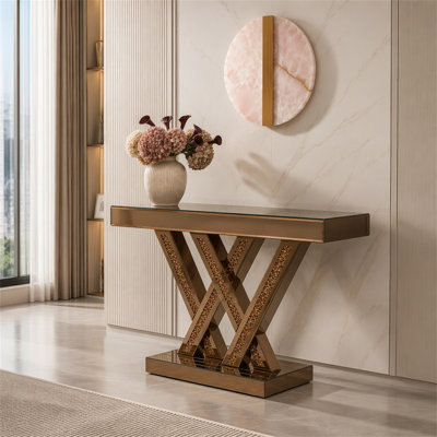 Console d'entrée moderne avec incrustation de diamant concassé et verre miroitant pour un décor glamour, idéale pour les couloirs et les salons