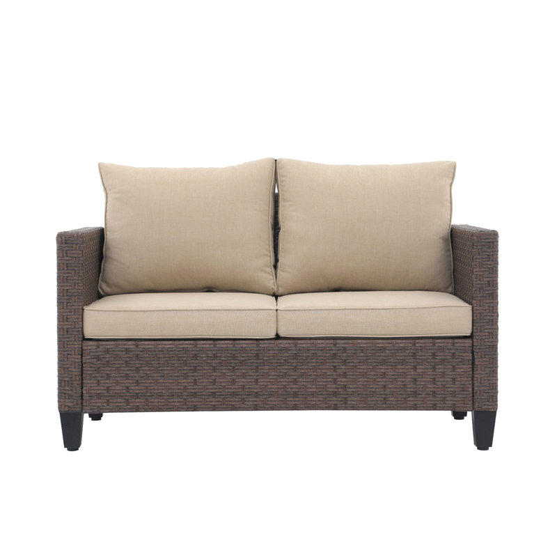 Causeuse d'extérieur en osier avec coussins, Structure brune / coussin beige