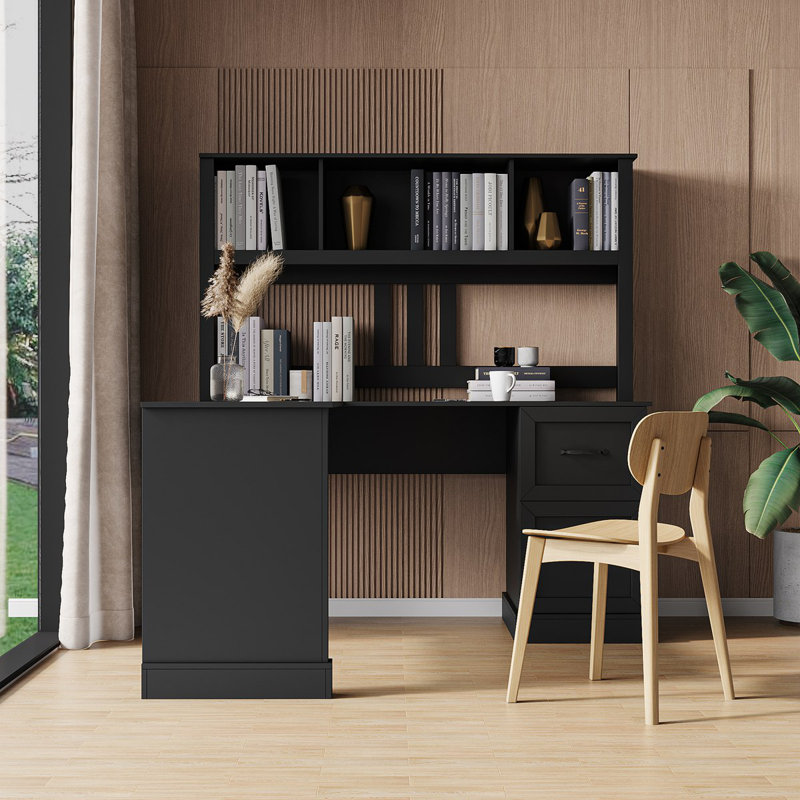 Bureau en L avec huche Melaniece, Blanc antique, H 64,96 po x l 59,84 po x P 23,19 po