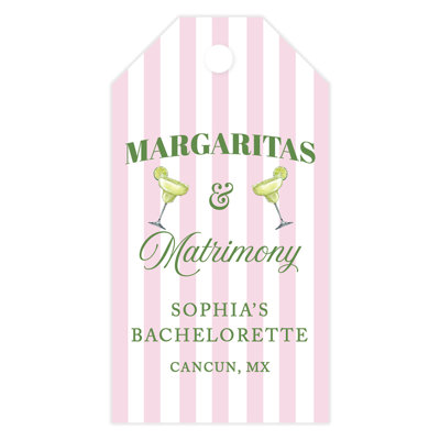 Custom Margs & Matrimony Favour Tags Pink Striped For Bachelorette Hangover Kit Bags, Margaritas And Matrimony Party Favours, 20 Pack