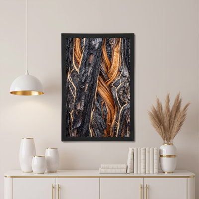 «Burnt Tree Bark», art mural noir et orange sur toile