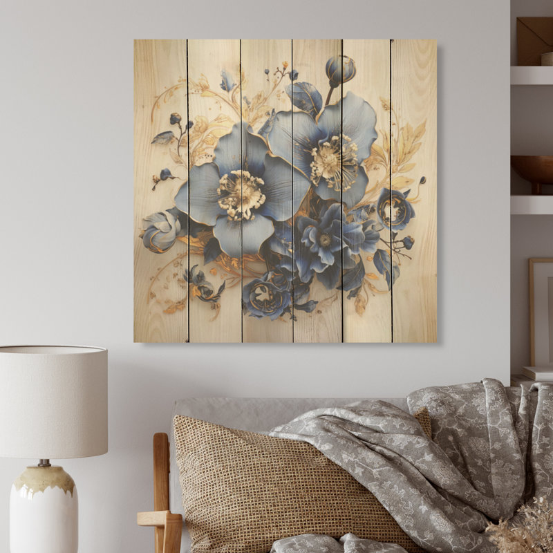 Orchidée bleue «Whispered Symphony», art sur bois de pin naturel, H 25 po x l 25 po