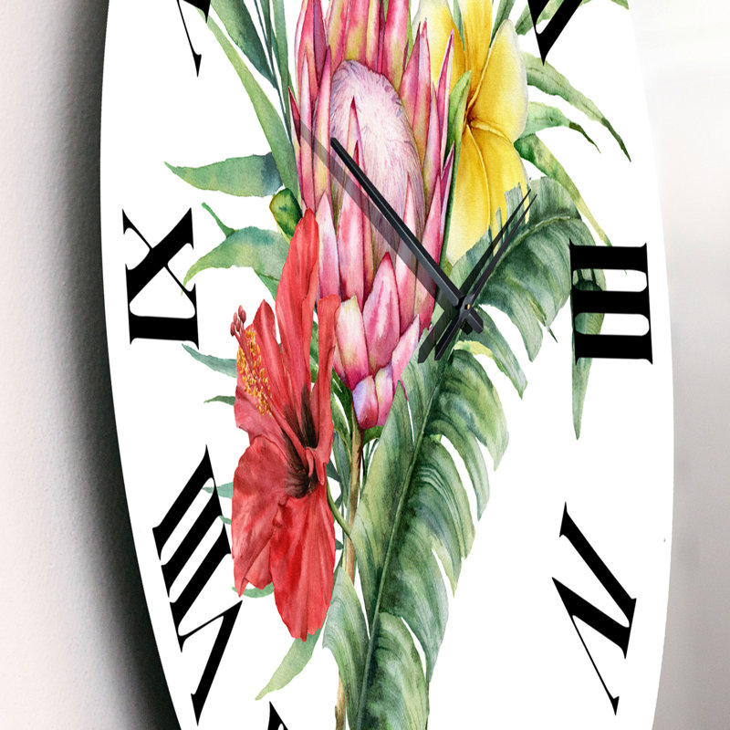 Bouquet de fleurs avec Protea Hibiscus Plumeria - Horloge murale traditionnelle, Petit