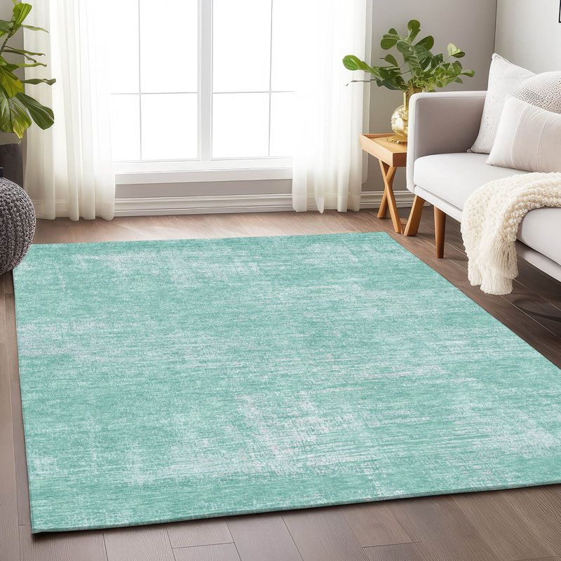 Tapis turquoise Prisco lavable à la machine de qualité supérieure, Rectangle 5 pi x 7 pi 6 po