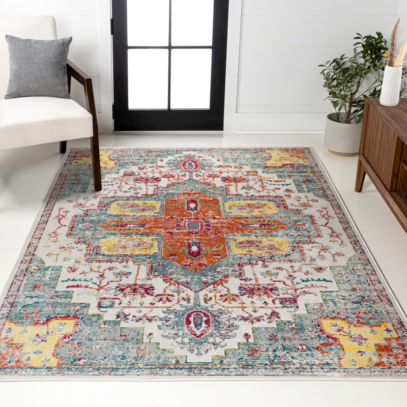 Steverson Vintage Medallion Coral/Blue/Multi Rug, Rectangle 3' x 5'