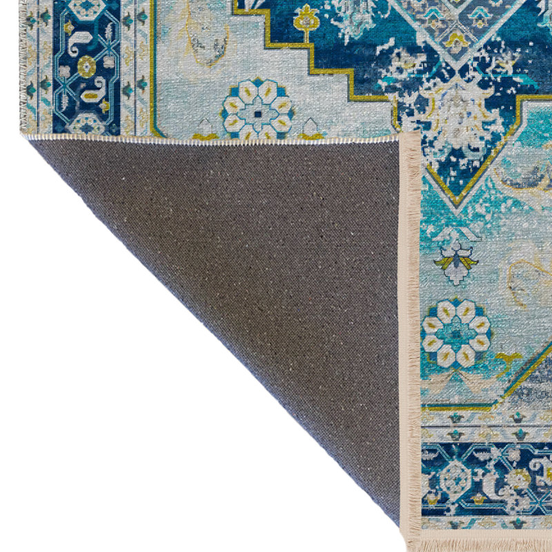 Tapis décoratif bleu à motif floral, Rectangle 4 pi 7,12 po x 6 pi 6,74 po