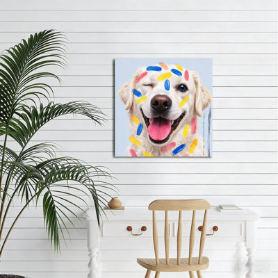 Portrait de chien ludique peint, cadre en bois intégré, 16 x 16