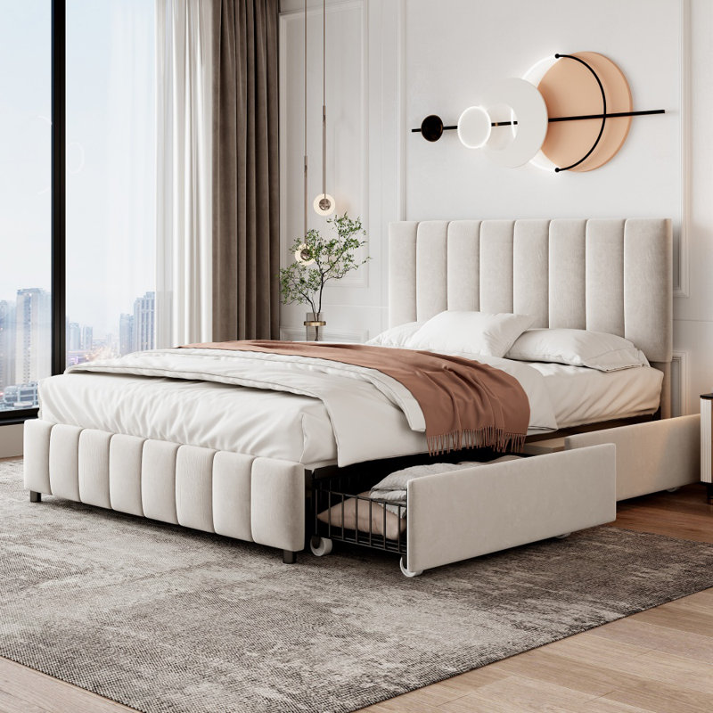 Andros Upholstered Double (4'6) Bed Frame, Beige